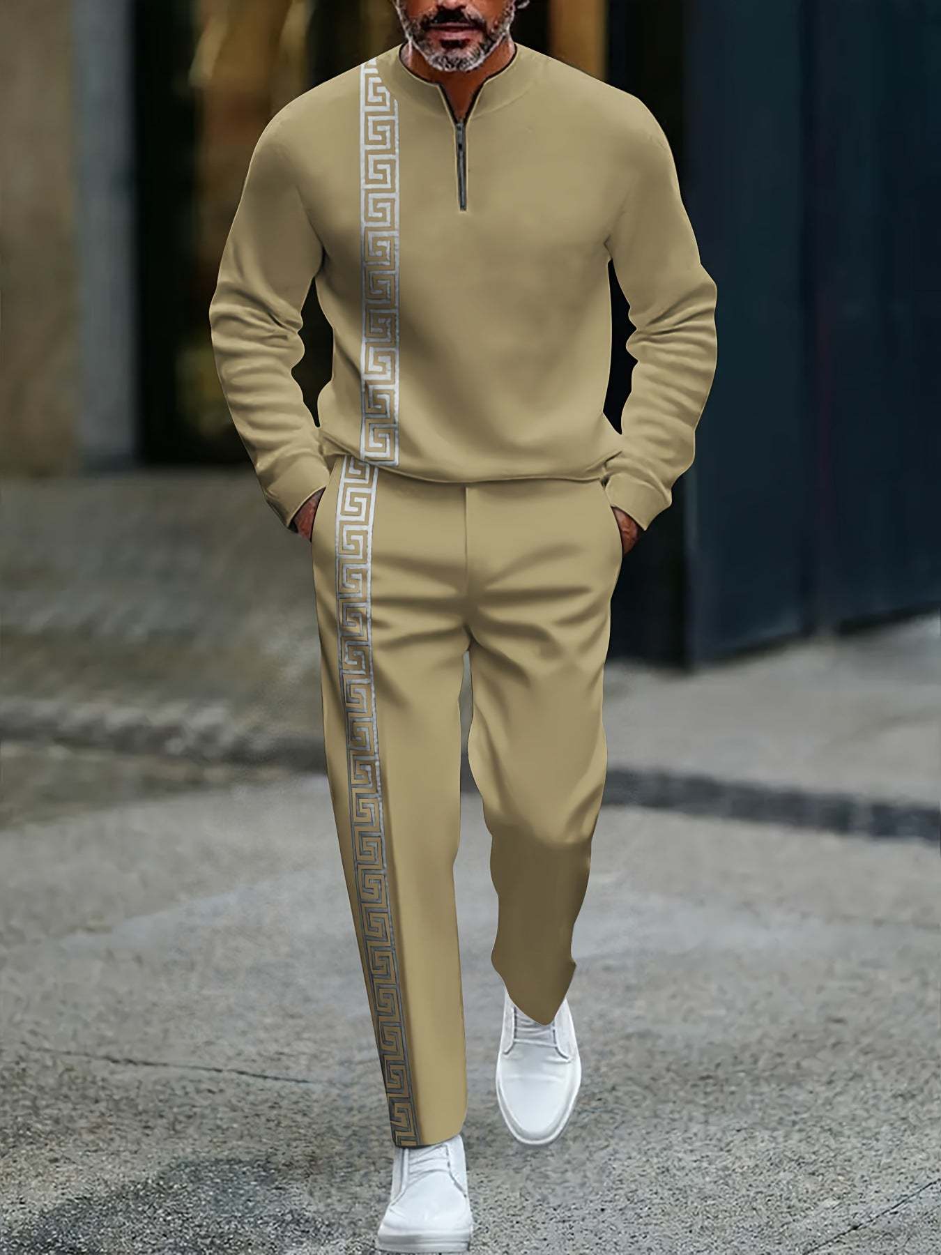 KZZ Men's fashion casual zipper stand up collar long sleeved pants set