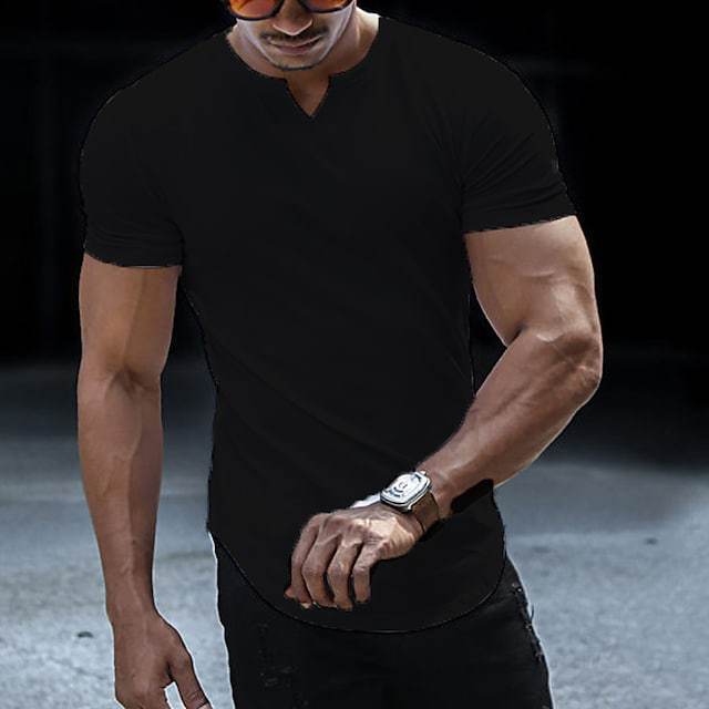 Men's solid color slim fit muscle style T-shirt - V-neck long top, a trendy streetwear item.