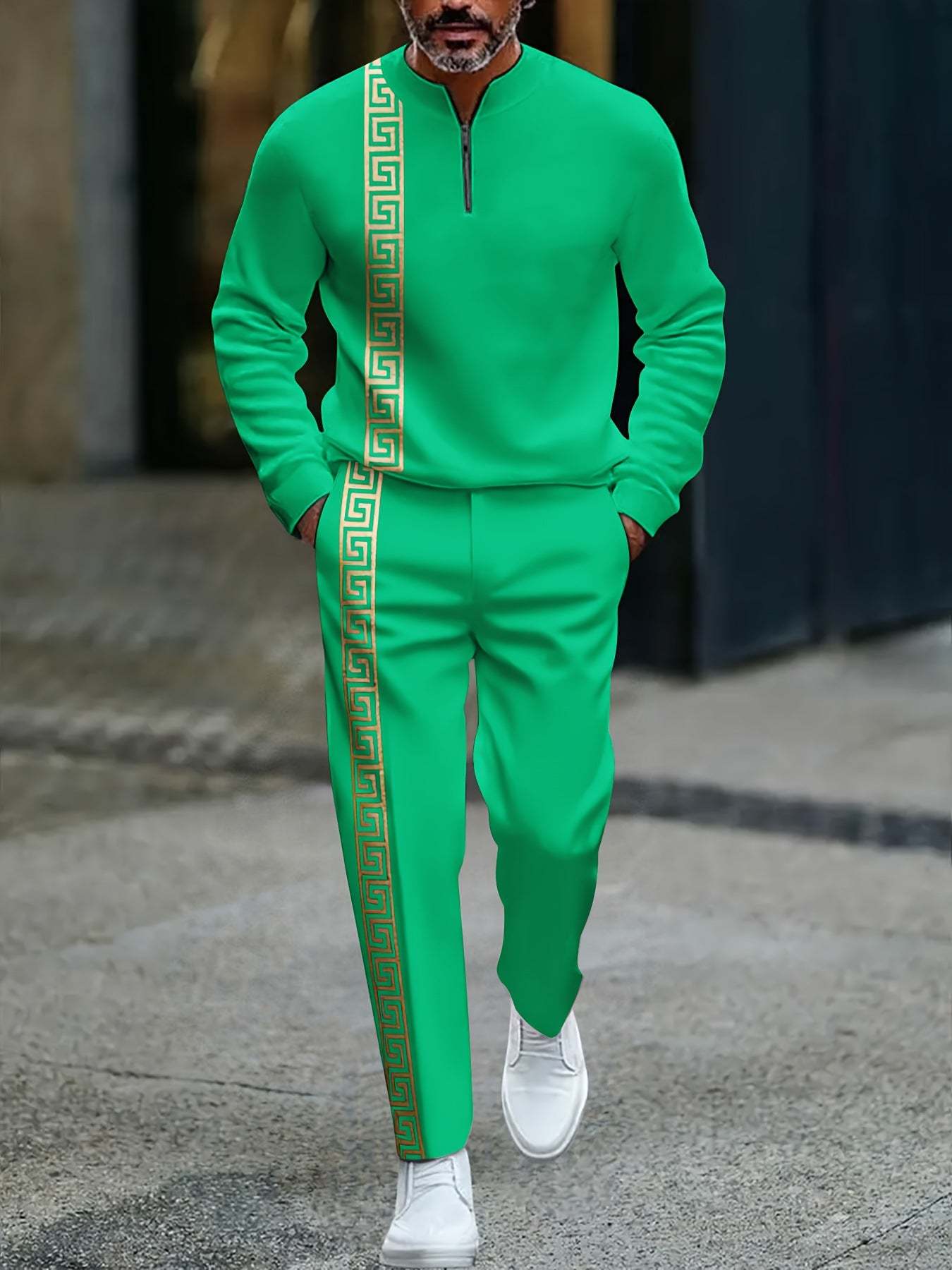 KZZ Men's fashion casual zipper stand up collar long sleeved pants set