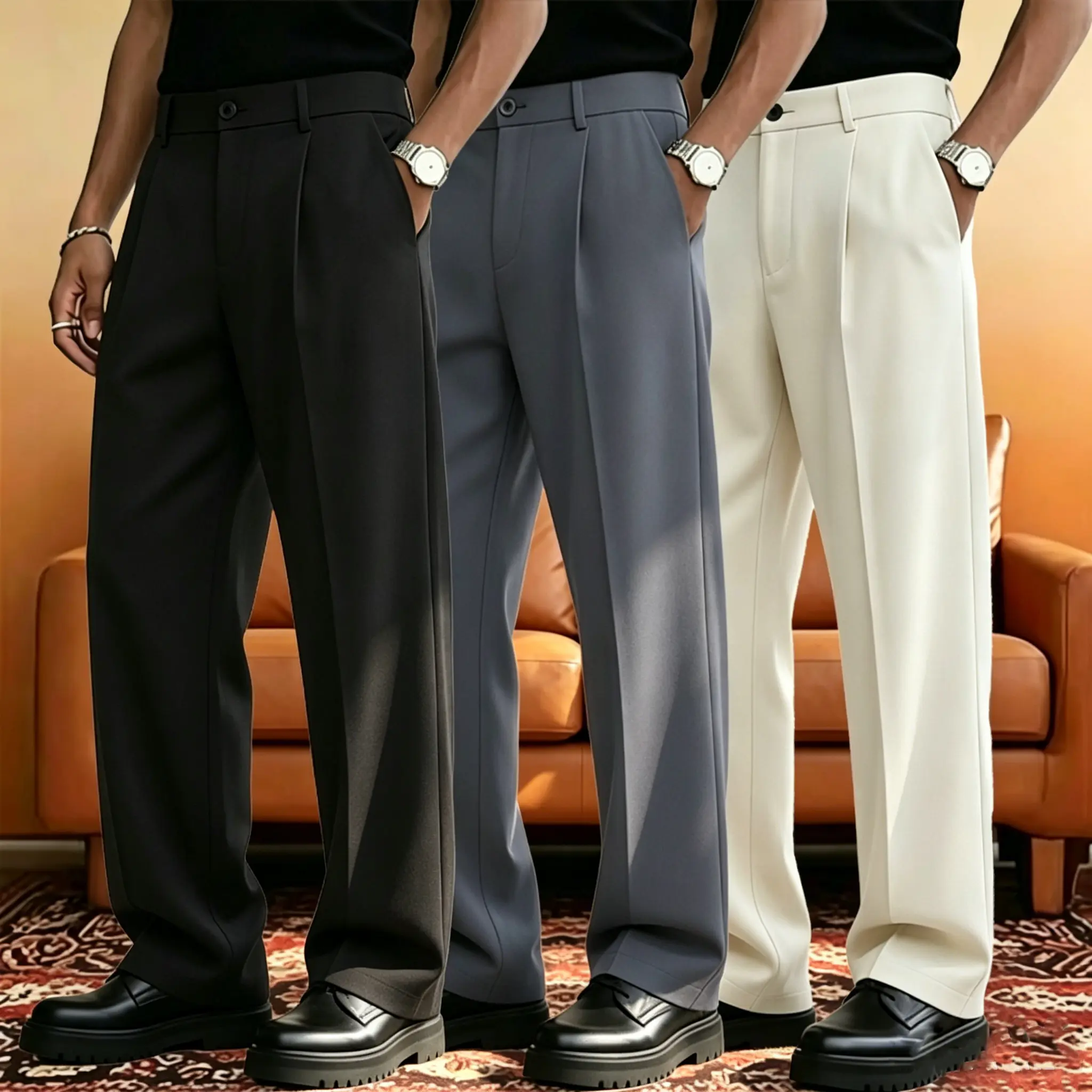 Men's Ice Silk Business Casual Pants, High Waist Pleated Slacks