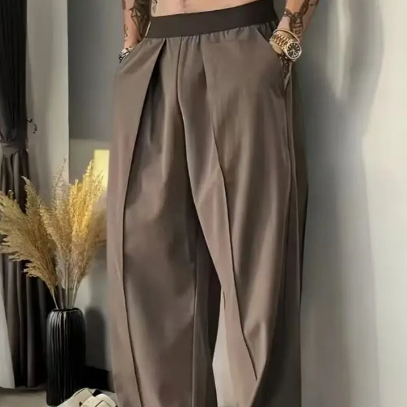 Men's Solid Color Pleated Loose Wide-Leg Dress Pants Relaxed Fit Draped Straight-Leg Trousers with Elastic Waistband & Slant Pockets for Commuting Business Travel All-Season Wear - Formal