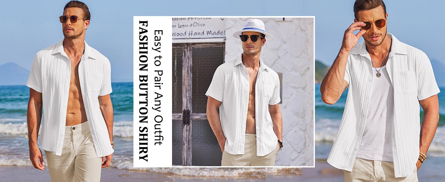Coofandy Men's Casual Button Down Shirt - Navy Blue Textured Short Sleeve Fitted Collared Neck Summer Beach Top for Men - Canvas Coofandy Men's Casual Button Down Shirt - Navy Blue Textured Short Sleeve Fitted Collared Neck Summer Beach Top for Men - Canvas