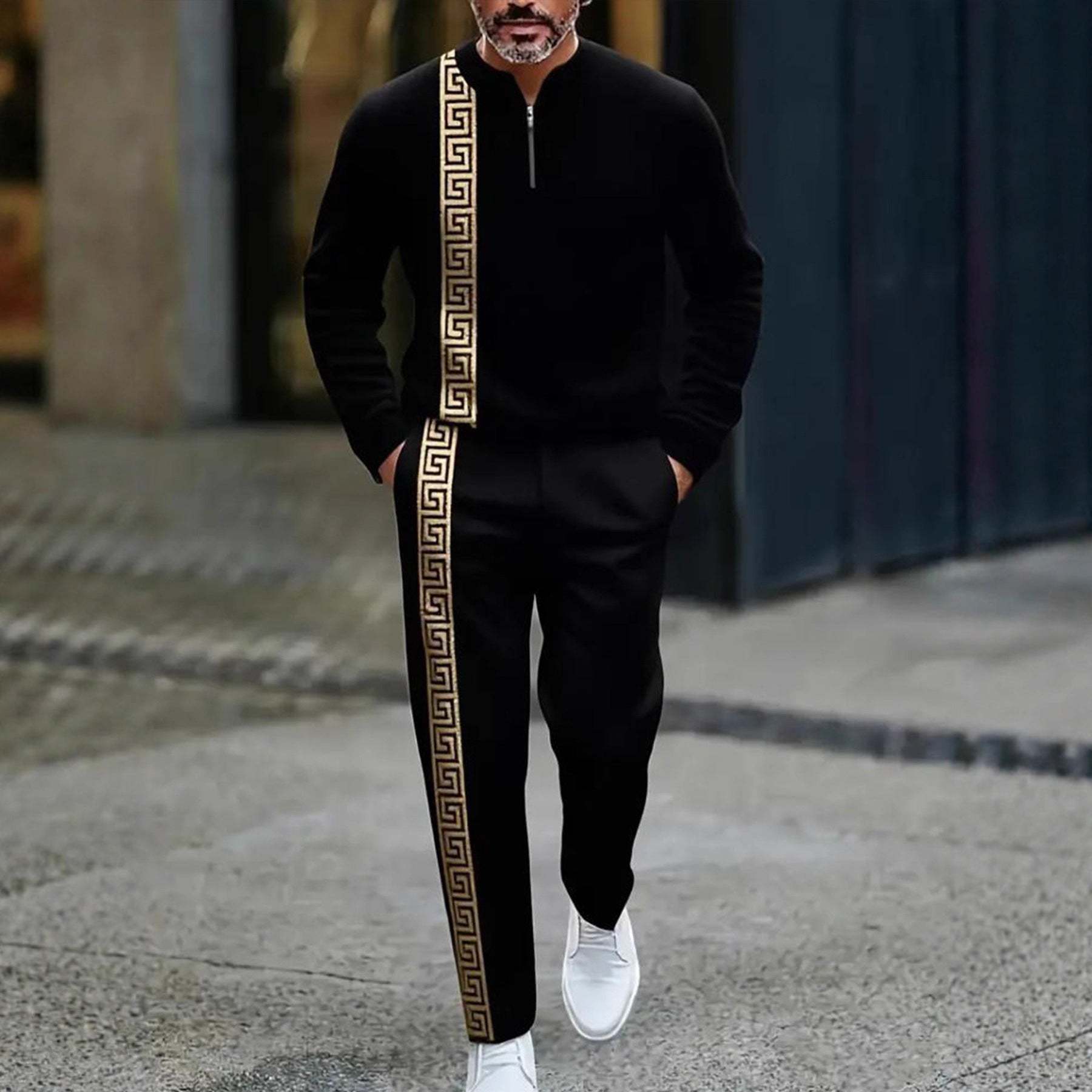 KZZ Men's fashion casual zipper stand up collar long sleeved pants set