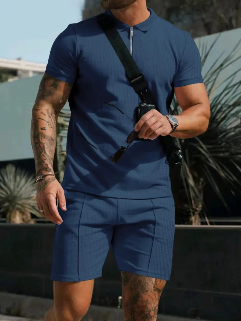 Men's summer casual two-piece set: a plaid print short-sleeved T-shirt paired with drawstring shorts.