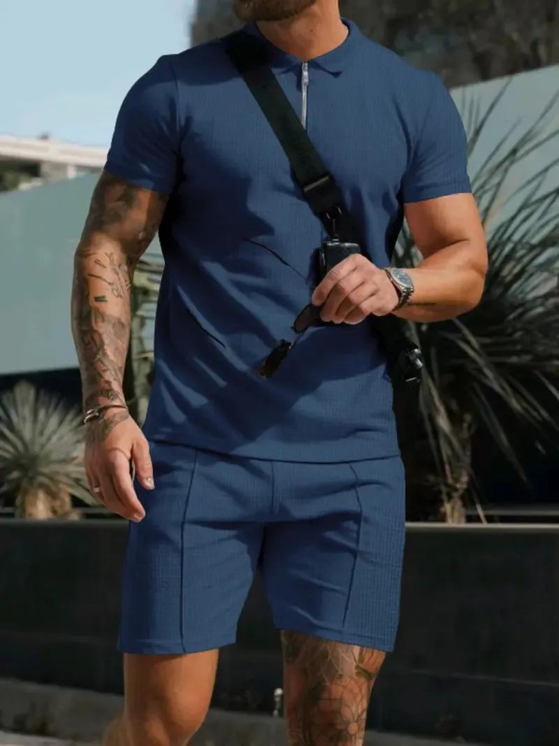 Men's summer casual two-piece set: a plaid print short-sleeved T-shirt paired with drawstring shorts.