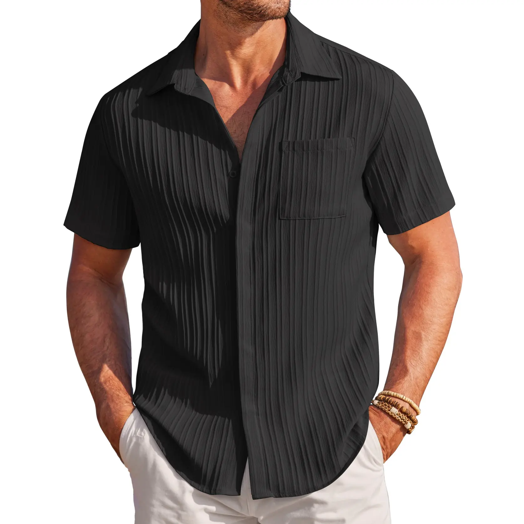 Men's Casual Button-Down Shirt - Navy Blue Textured Short-Sleeve Slim Fit Collar Summer Beach Top