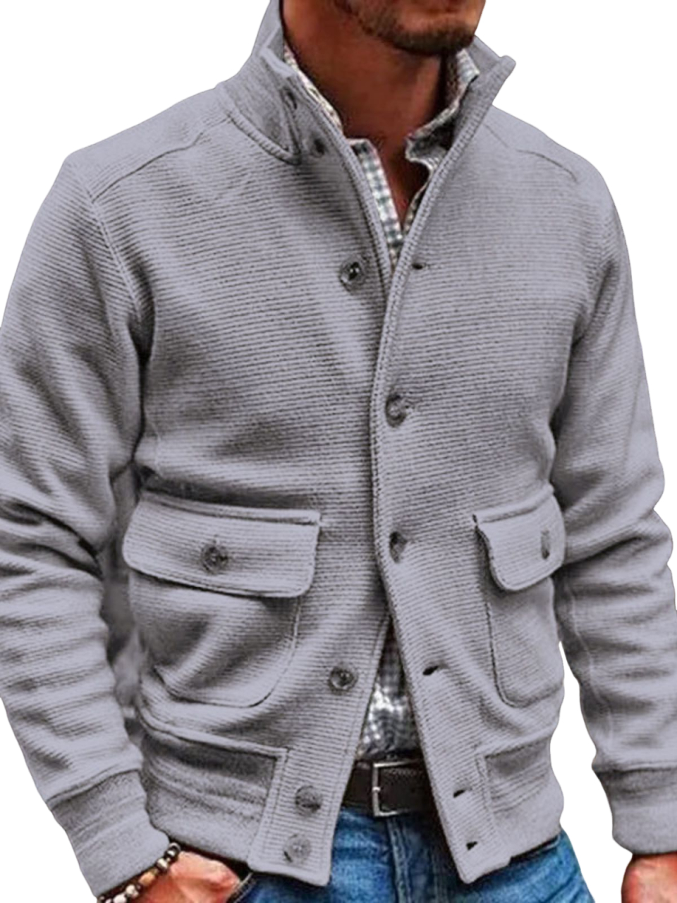 Men's Knitted Stand Collar Single-breasted Solid Color Casual Top Jacket