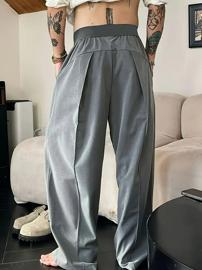 Men's Solid Color Pleated Loose Wide-Leg Dress Pants Relaxed Fit Draped Straight-Leg Trousers with Elastic Waistband & Slant Pockets for Commuting Business Travel All-Season Wear - Formal