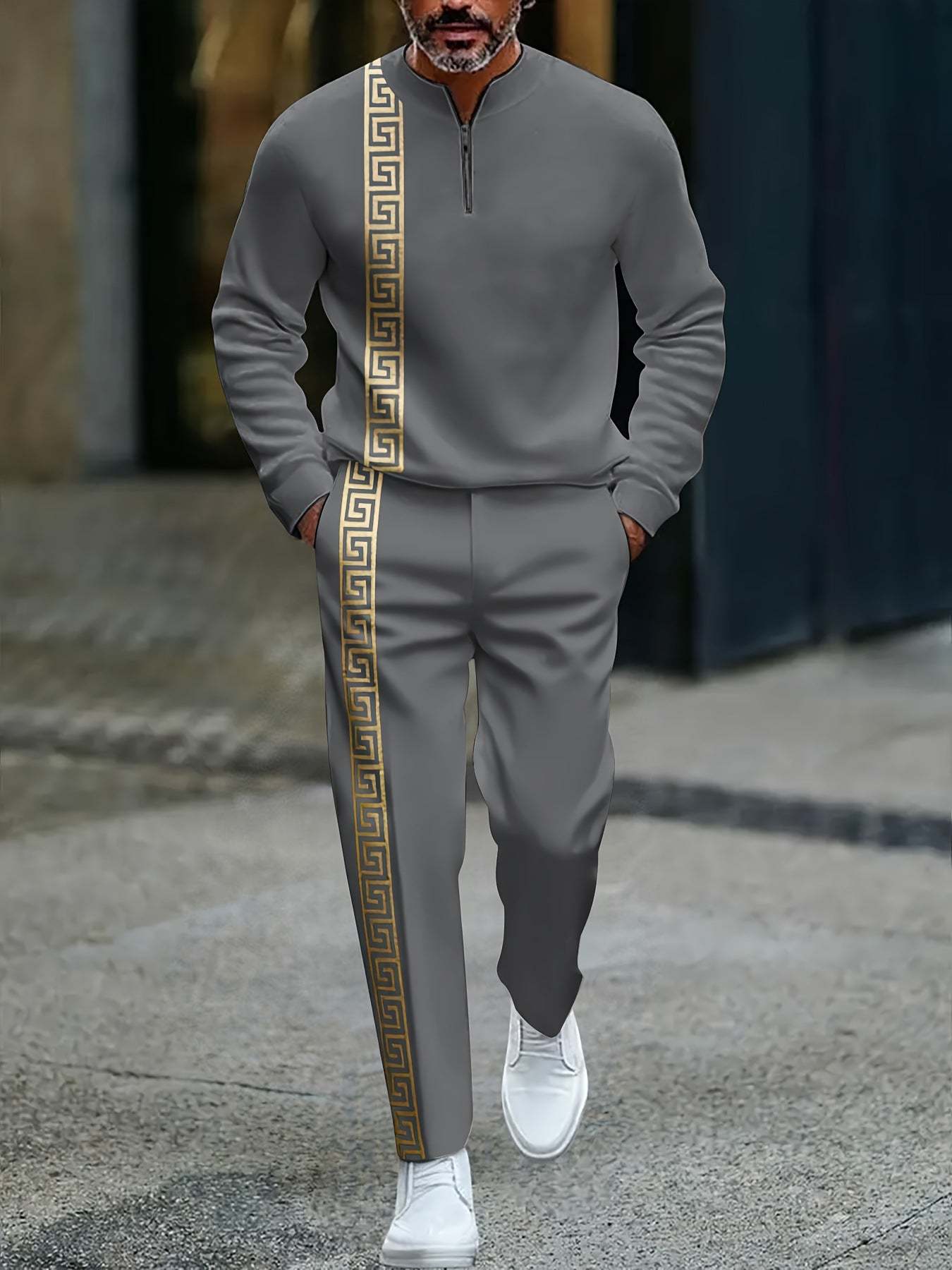 KZZ Men's fashion casual zipper stand up collar long sleeved pants set