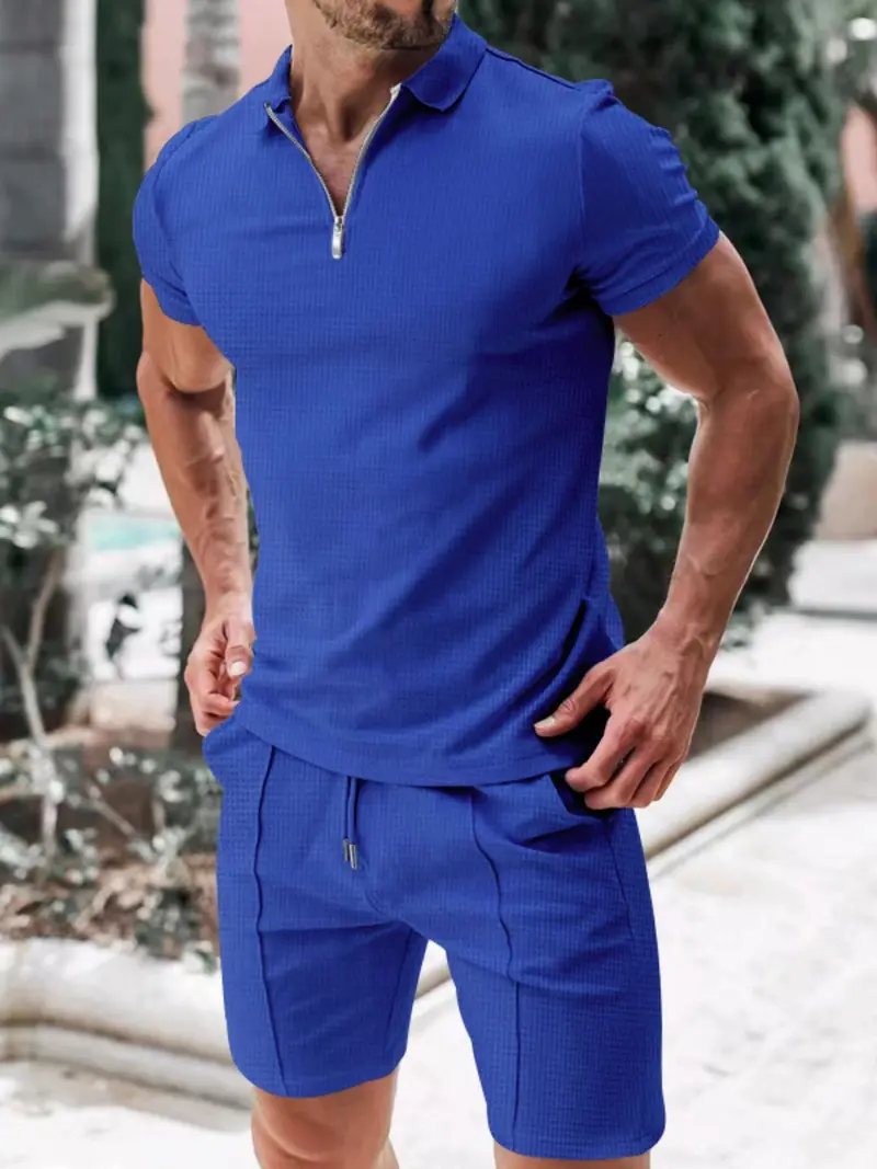 Men's summer casual two-piece set: a plaid print short-sleeved T-shirt paired with drawstring shorts.