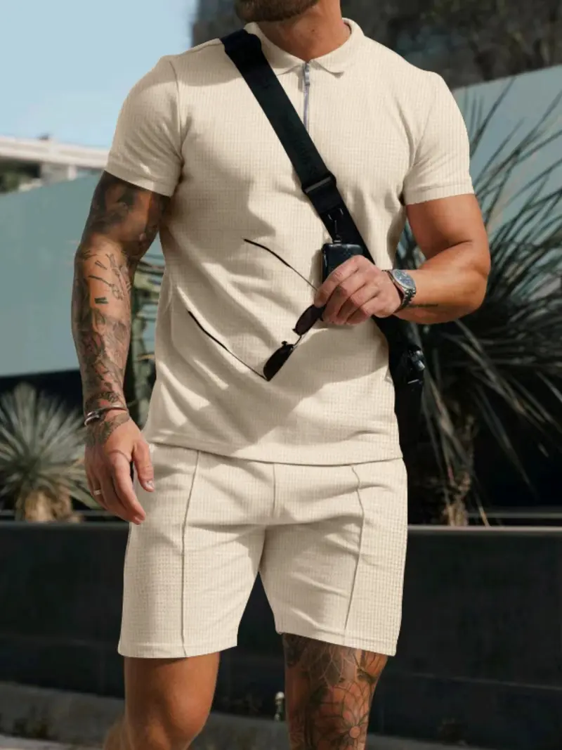 Men's summer casual two-piece set: a plaid print short-sleeved T-shirt paired with drawstring shorts.