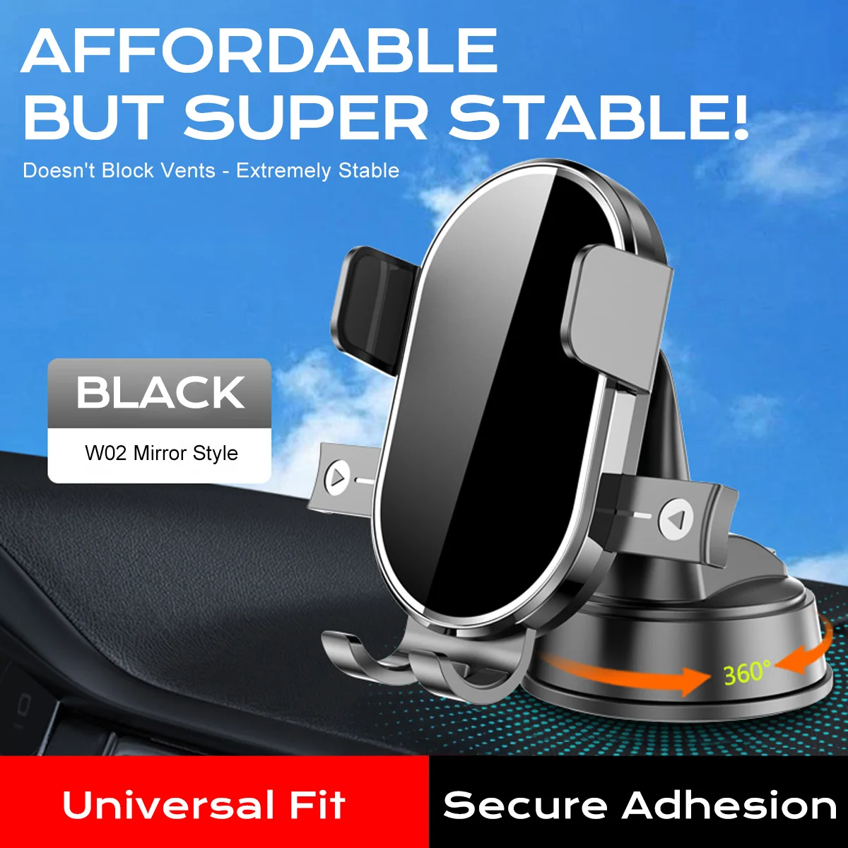 360° Adjustable Car Phone Mount, featuring a circular reinforced base 
