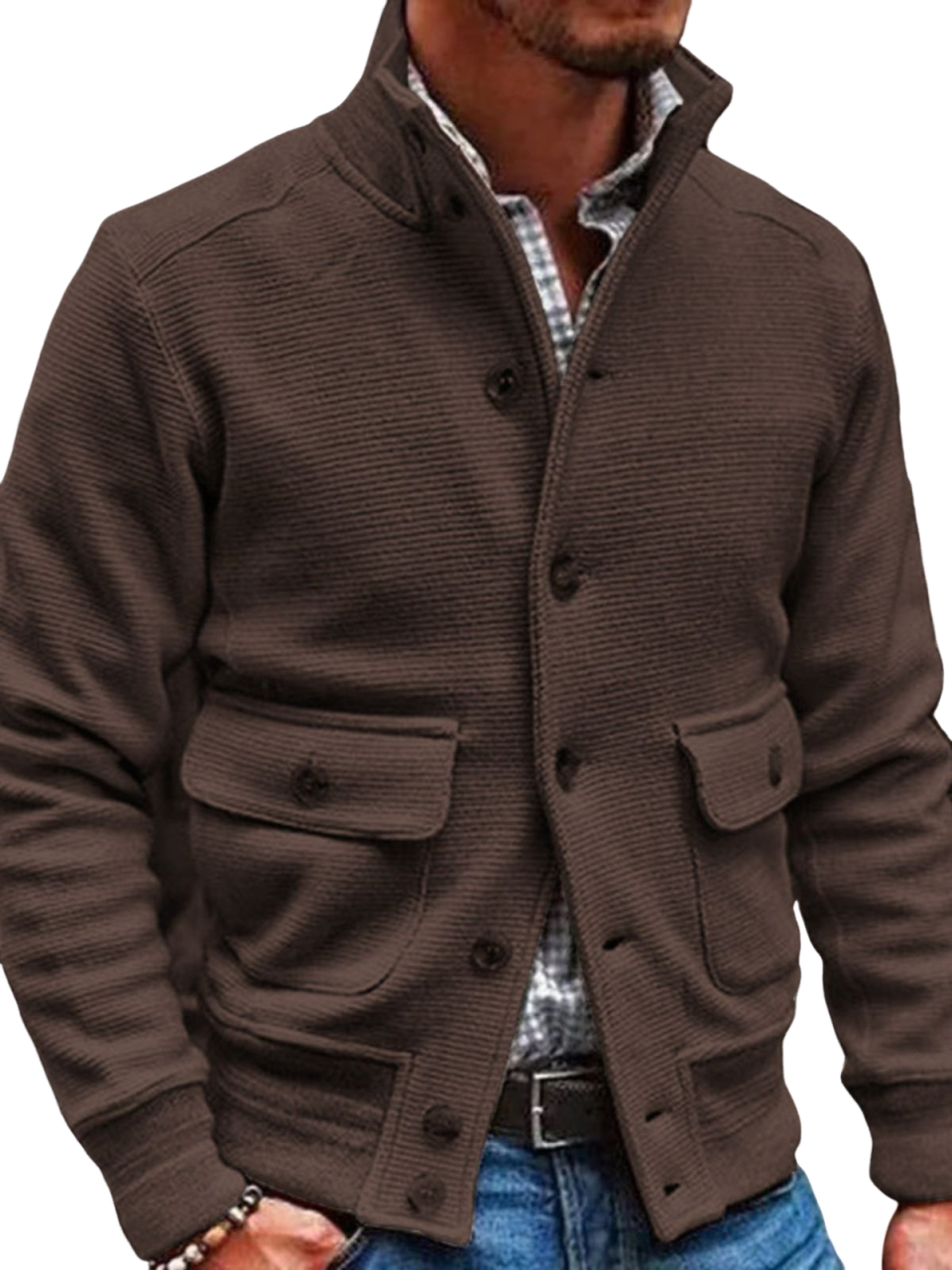 Men's Knitted Stand Collar Single-breasted Solid Color Casual Top Jack