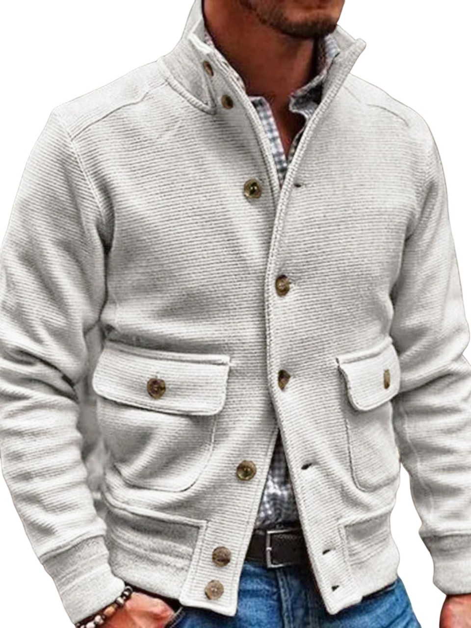 Men's Knitted Stand Collar Single-breasted Solid Color Casual Top Jack