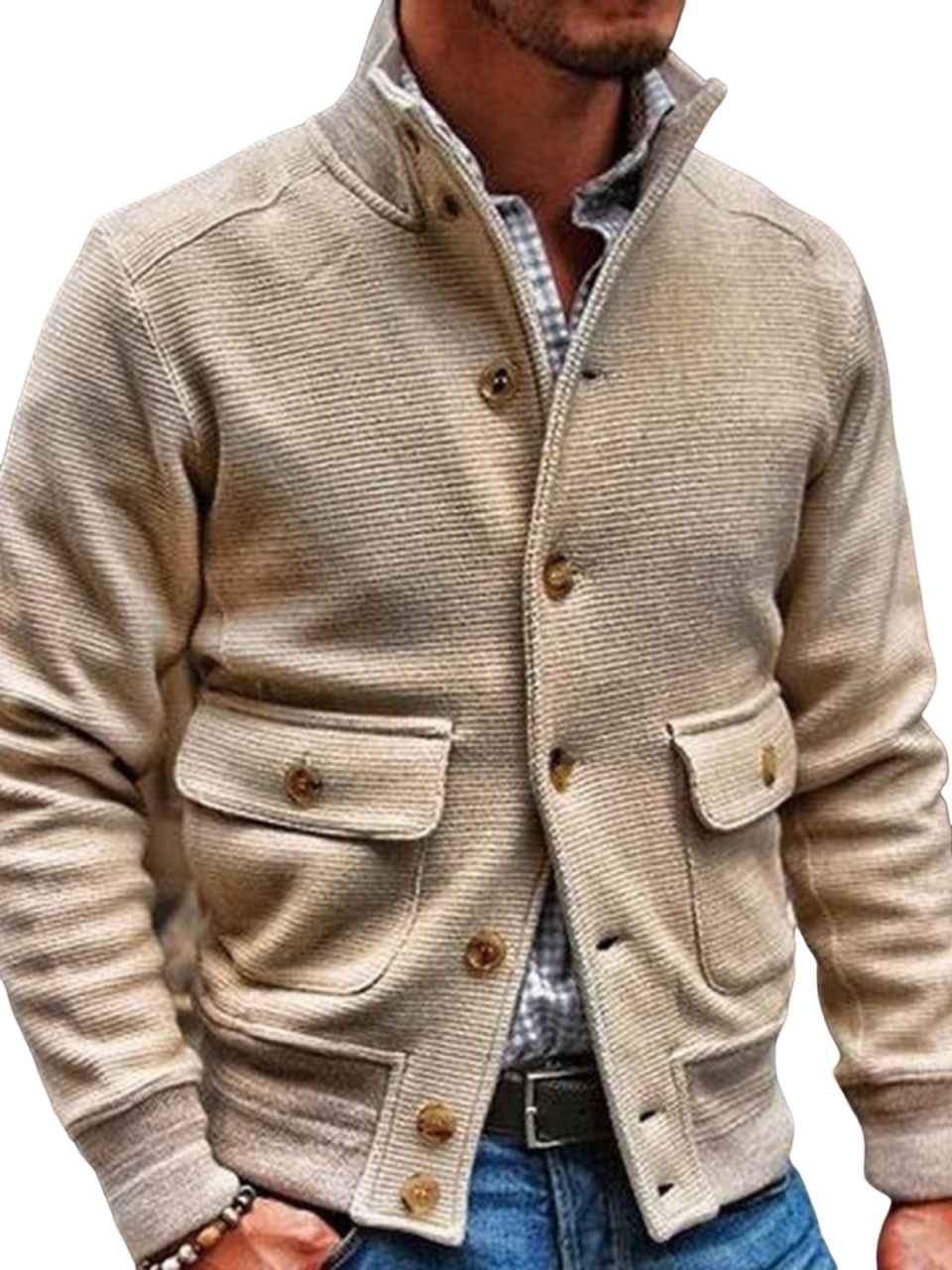 Men's Knitted Stand Collar Single-breasted Solid Color Casual Top Jacket