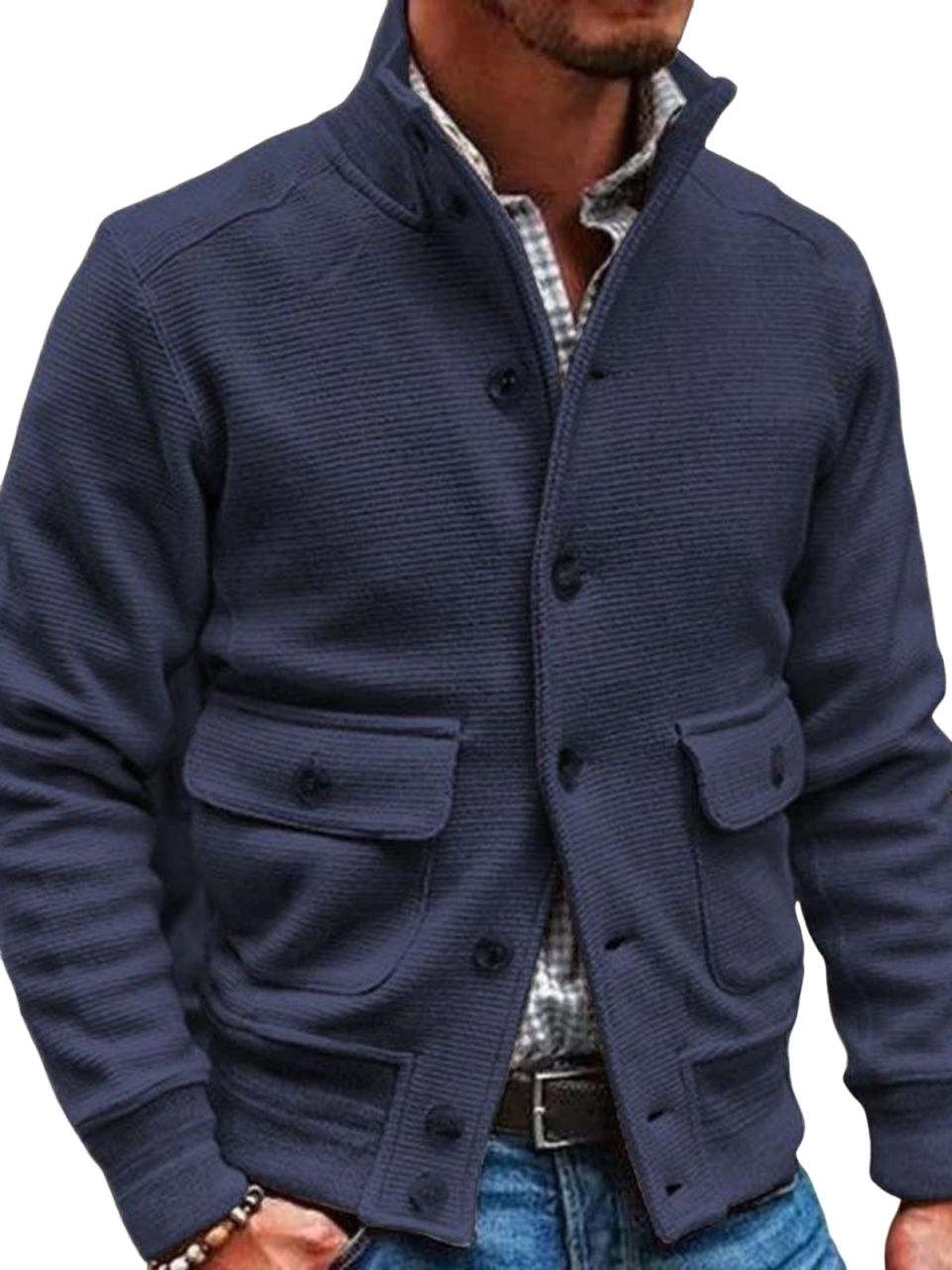 Men's Knitted Stand Collar Single-breasted Solid Color Casual Top Jack