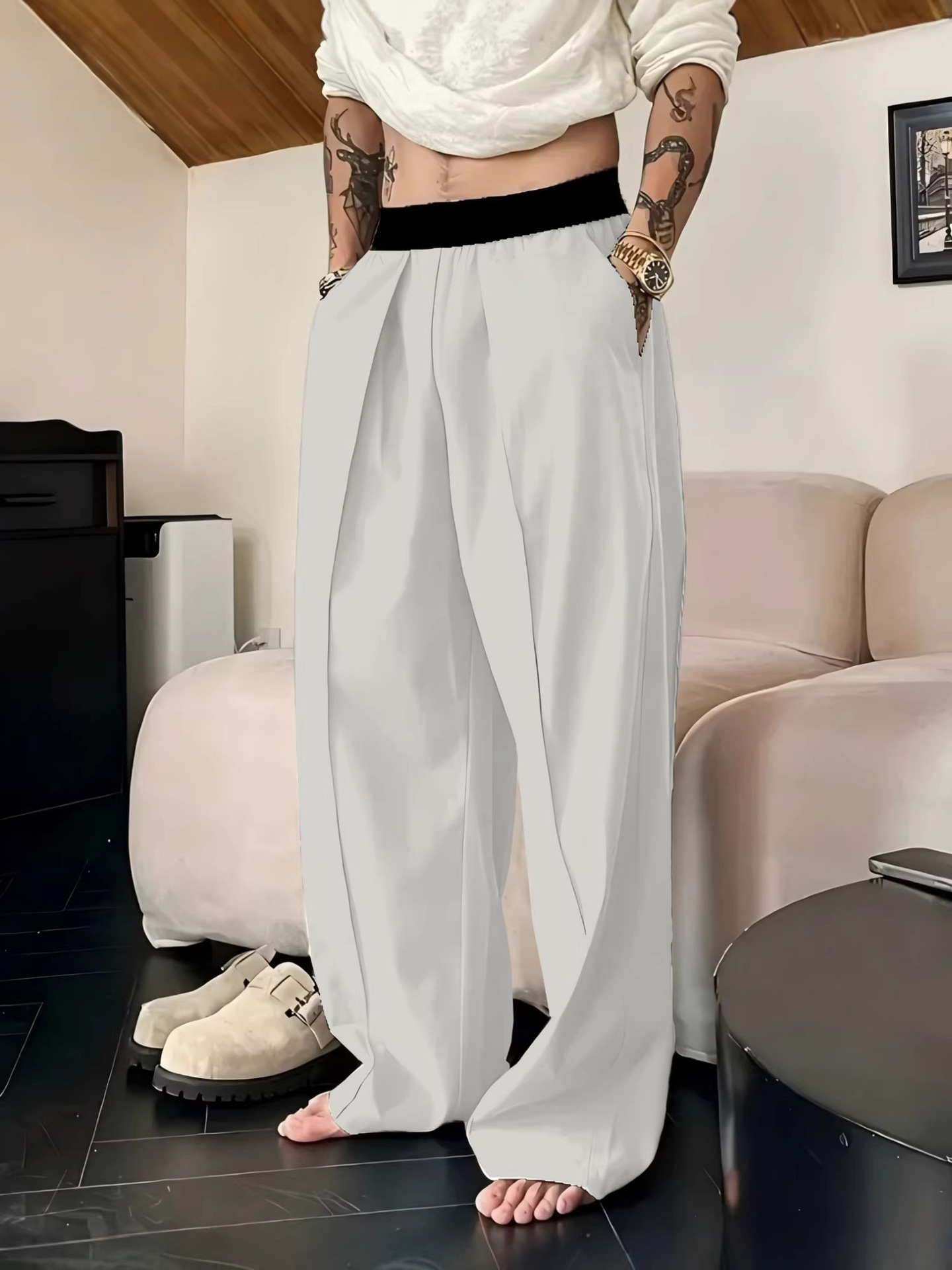 Men's Solid Color Pleated Loose Wide-Leg Dress Pants Relaxed Fit Draped Straight-Leg Trousers with Elastic Waistband & Slant Pockets for Commuting Business Travel All-Season Wear - Formal