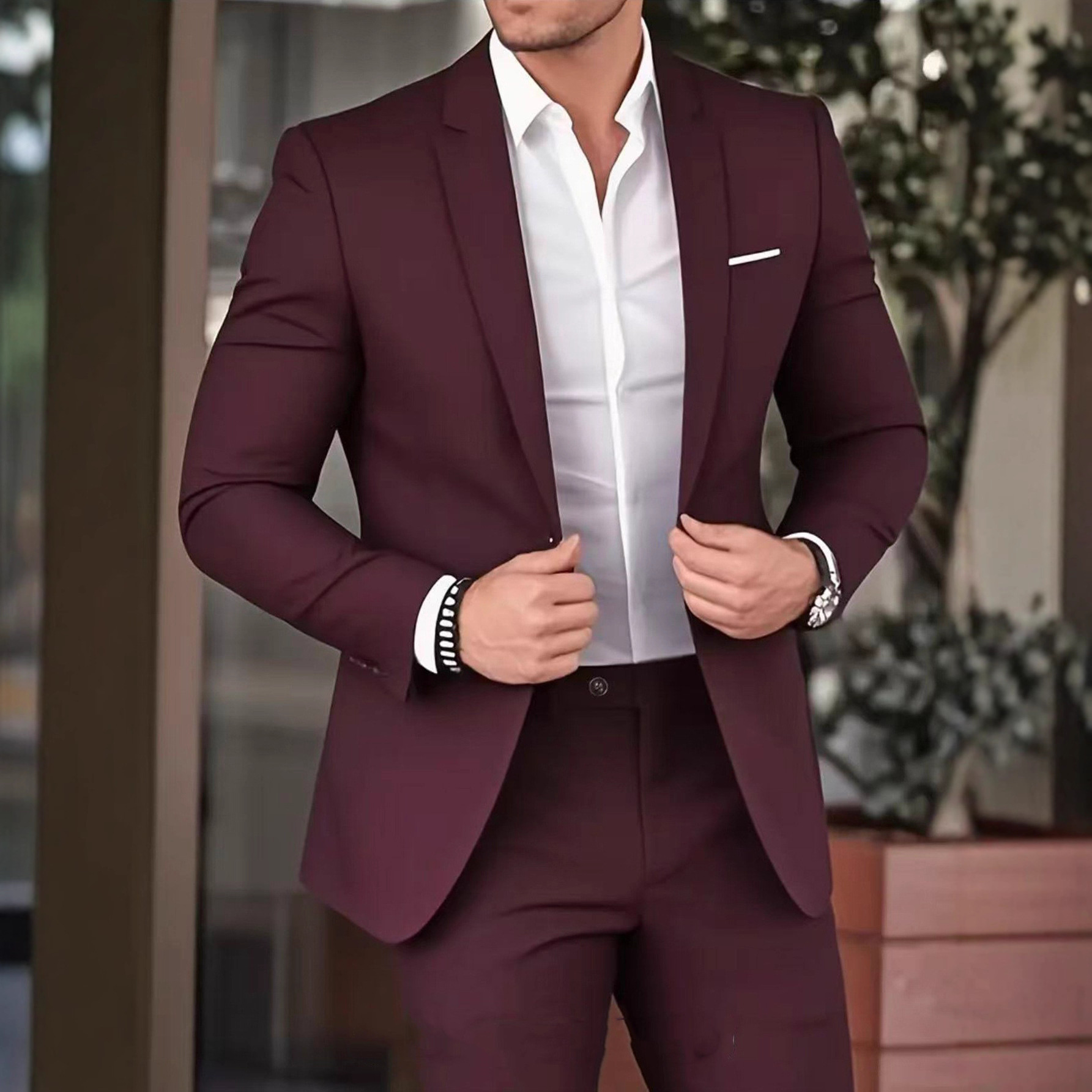 Men's two-piece suit set, featuring a high-quality, long-sleeved casual blazer and trousers; suitable for all seasons and appropriate for business, parties, and the workplace.
