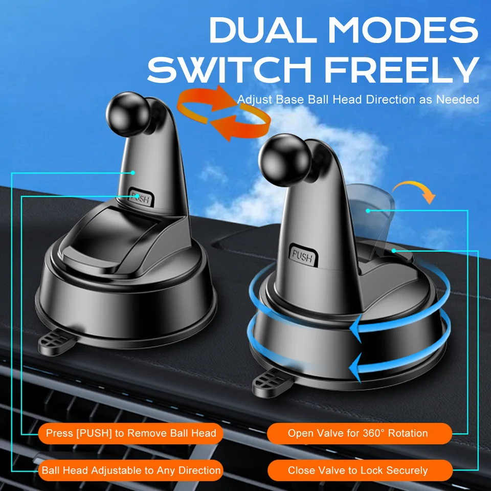 360° Adjustable Car Phone Mount 📱🚗: Circular reinforced base for stable support 💪, fits most mobile phones.