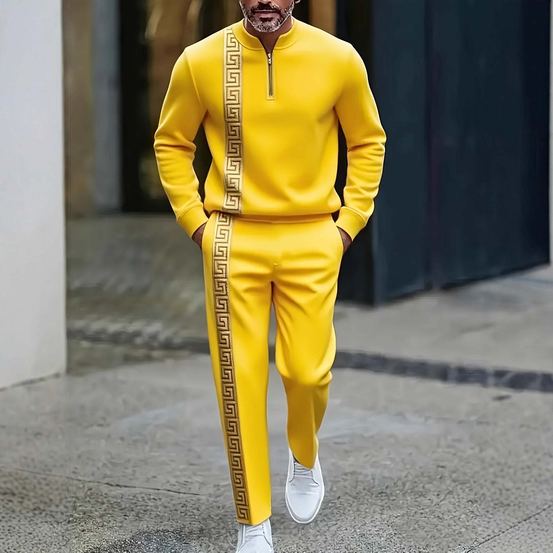 KZZ Men's fashion casual zipper stand up collar long sleeved pants set