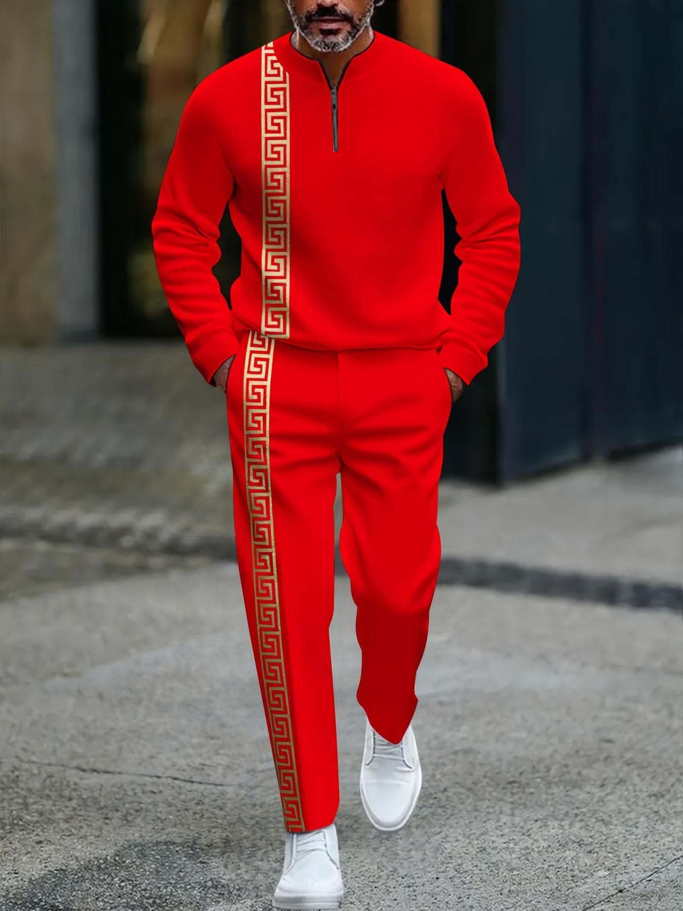 KZZ Men's fashion casual zipper stand up collar long sleeved pants set