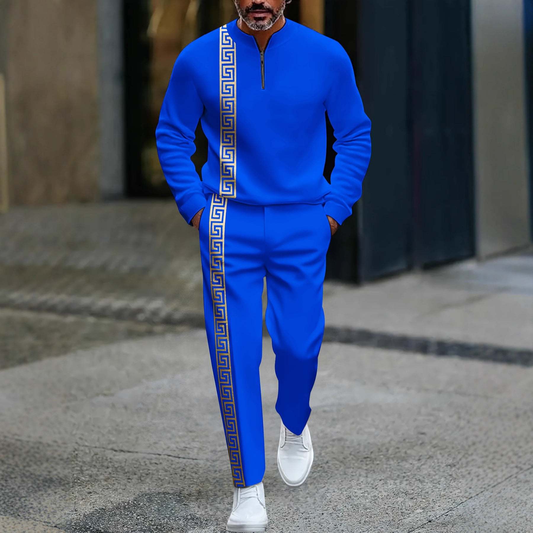 KZZ Men's fashion casual zipper stand up collar long sleeved pants set