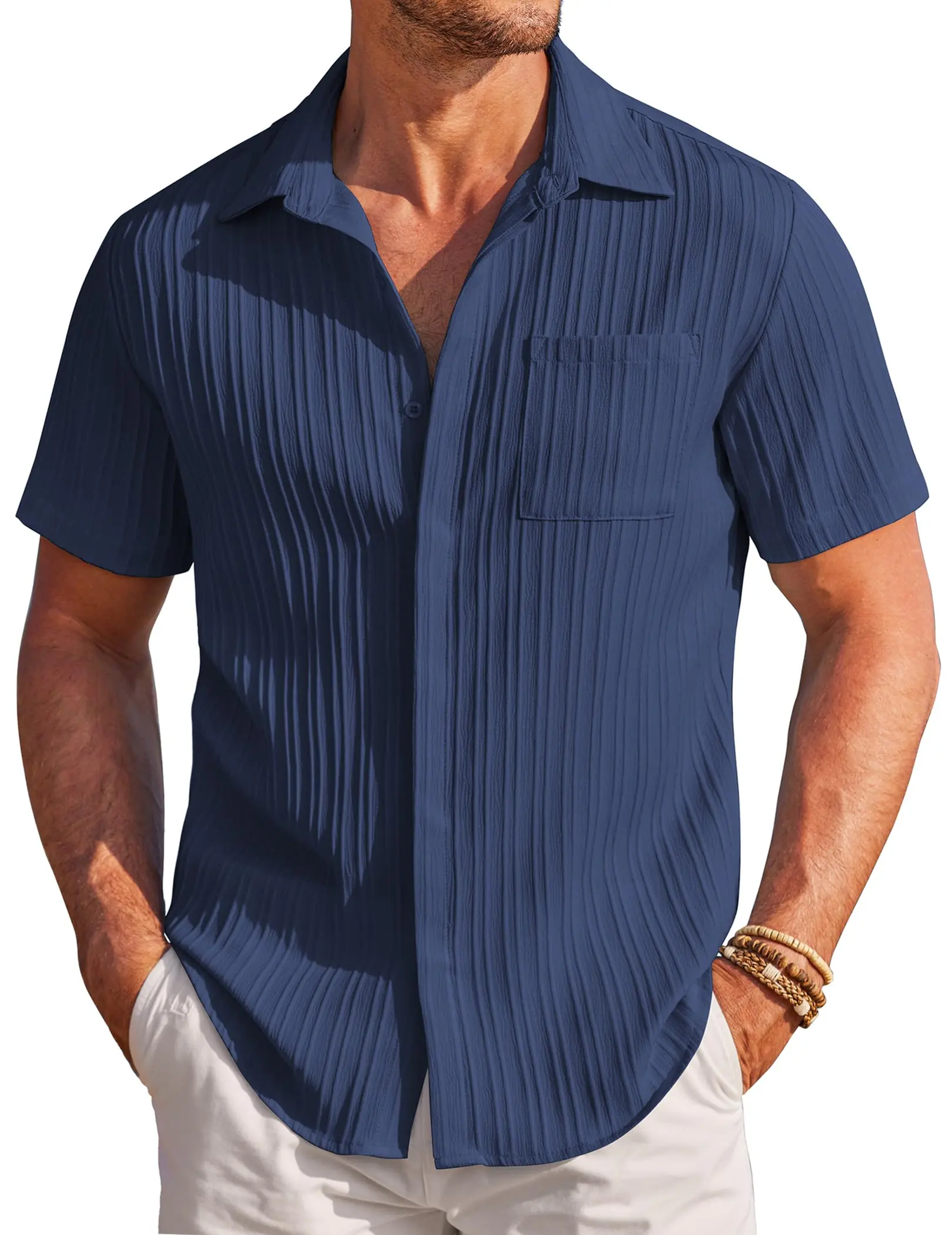 Men's Casual Button-Down Shirt - Navy Blue Textured Short-Sleeve Slim Fit Collar Summer Beach Top