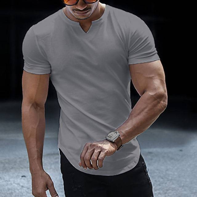 Men's solid color slim fit muscle style T-shirt - V-neck long top, a trendy streetwear item.