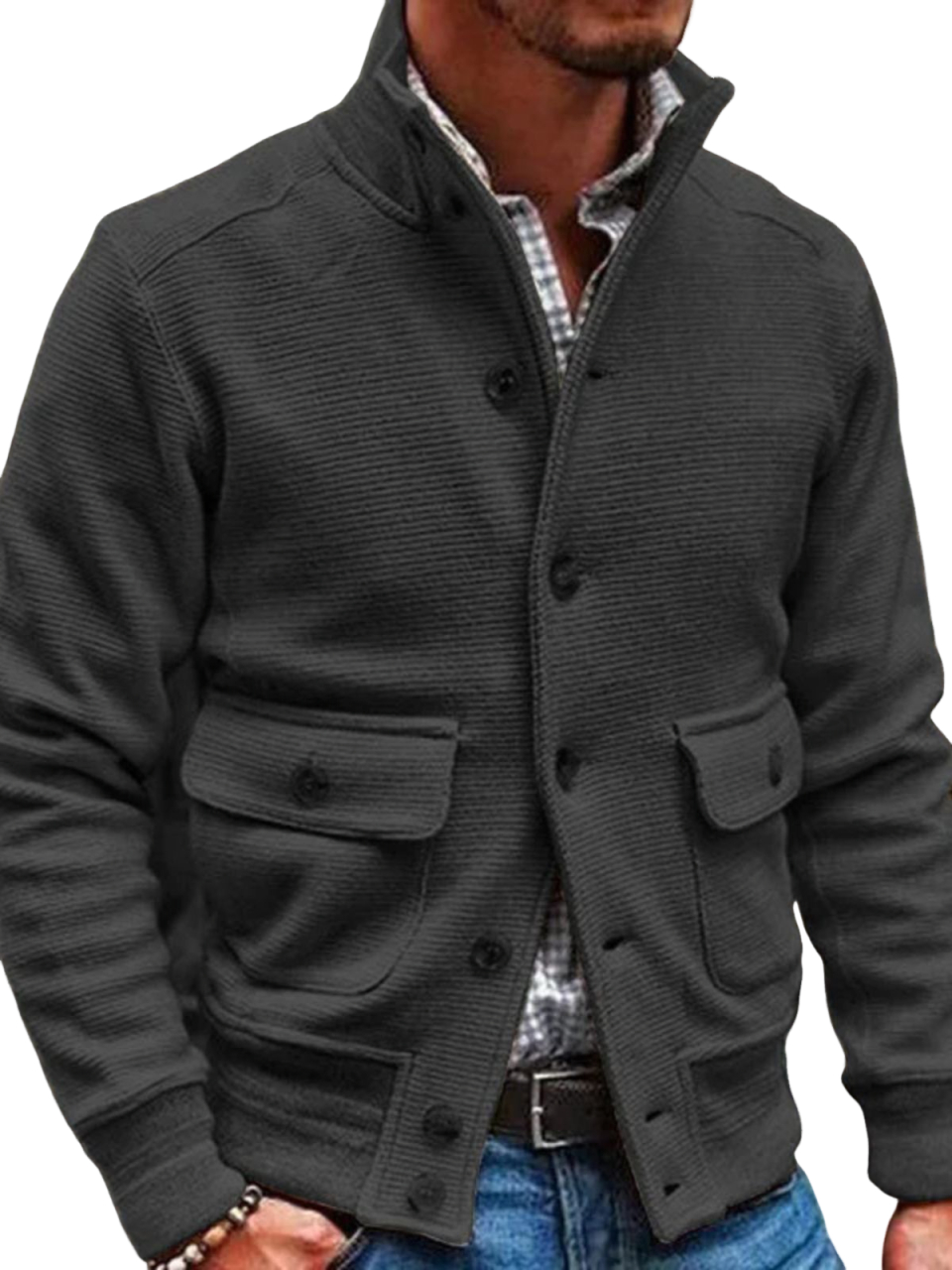 Men's Knitted Stand Collar Single-breasted Solid Color Casual Top Jack