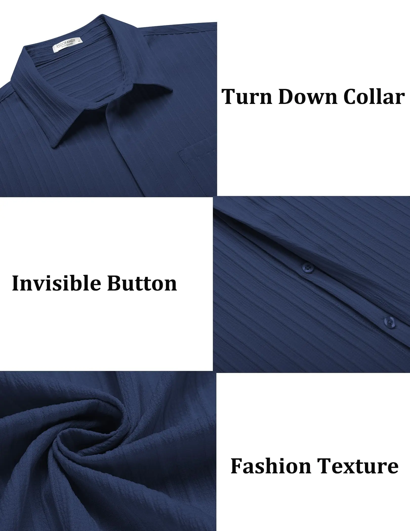 Men's Casual Button-Down Shirt - Navy Blue Textured Short-Sleeve Slim Fit Collar Summer Beach Top