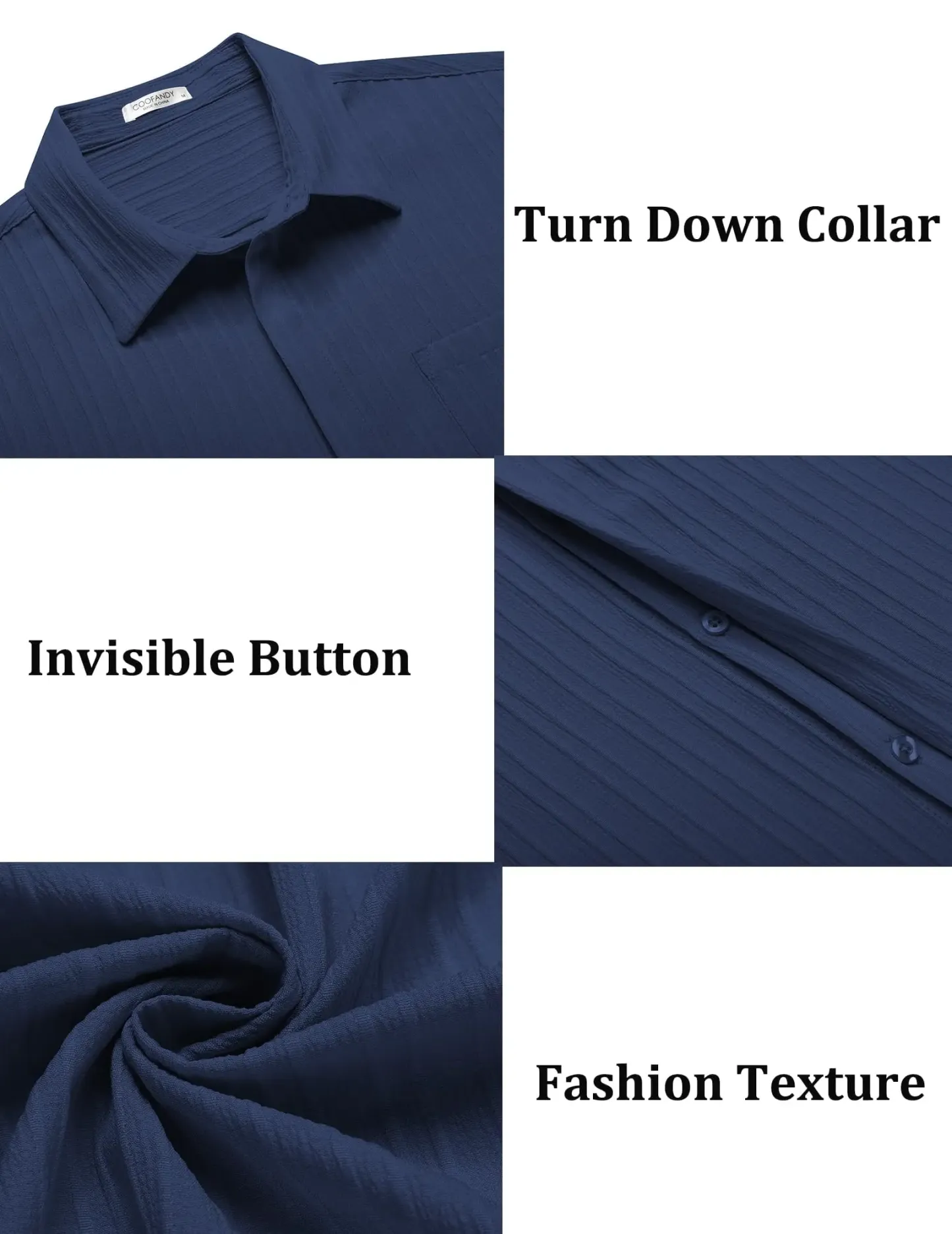 Men's Casual Button-Down Shirt - Navy Blue Textured Short-Sleeve Slim Fit Collar Summer Beach Top