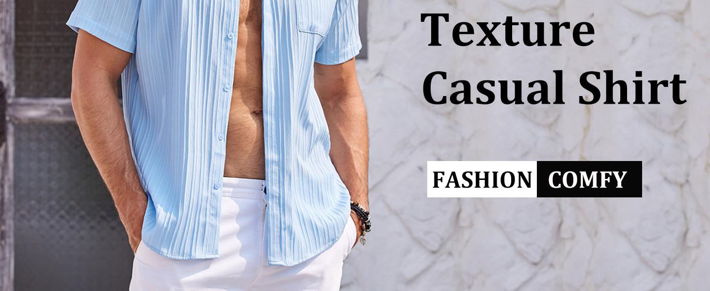Coofandy Men's Casual Button Down Shirt - Navy Blue Textured Short Sleeve Fitted Collared Neck Summer Beach Top for Men - Canvas Coofandy Men's Casual Button Down Shirt - Navy Blue Textured Short Sleeve Fitted Collared Neck Summer Beach Top for Men - Canvas