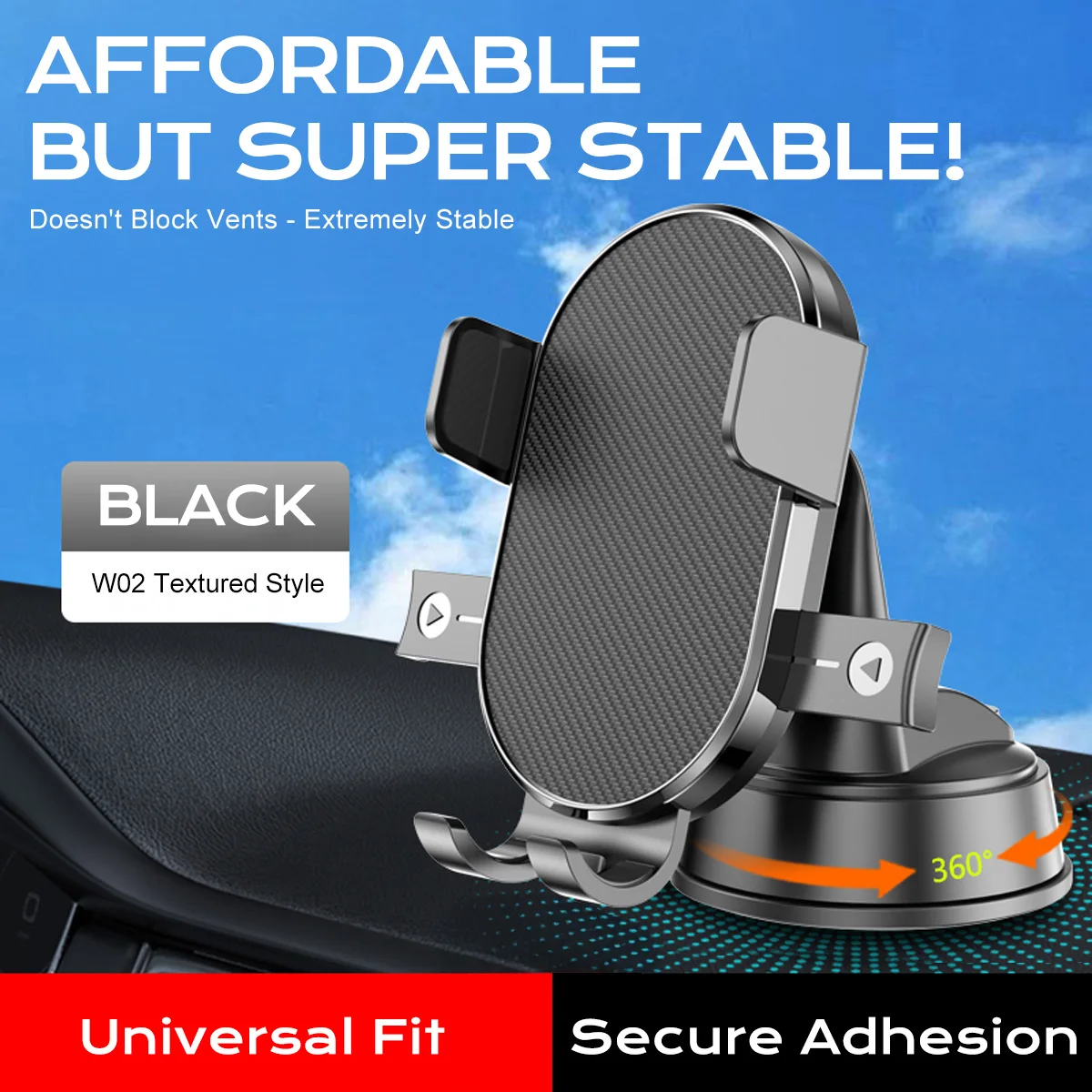 360° Adjustable Car Phone Mount, featuring a circular reinforced base 