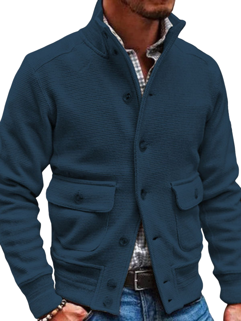 Men's Knitted Stand Collar Single-breasted Solid Color Casual Top Jacket