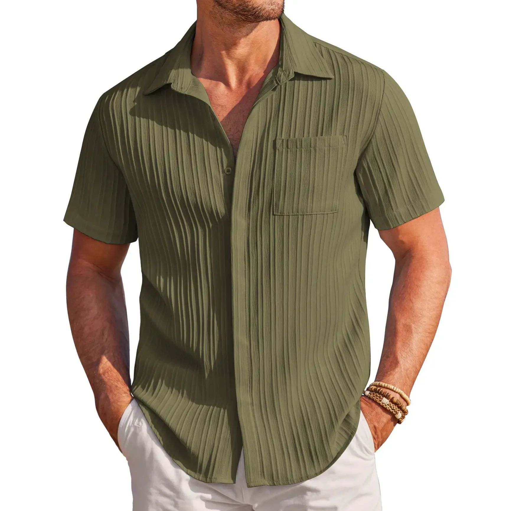 Men's Casual Button-Down Shirt - Navy Blue Textured Short-Sleeve Slim Fit Collar Summer Beach Top