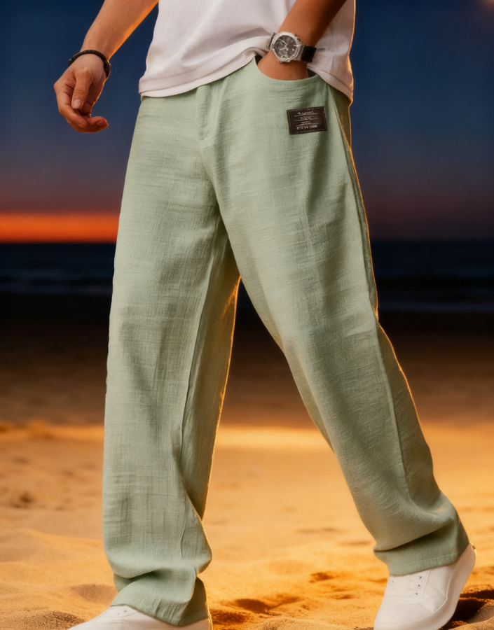New men's casual cotton and linen drawstring loose pocket trousers