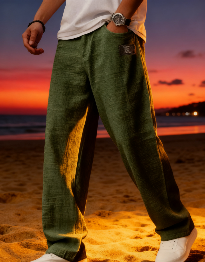 New men's casual cotton and linen drawstring loose pocket trousers