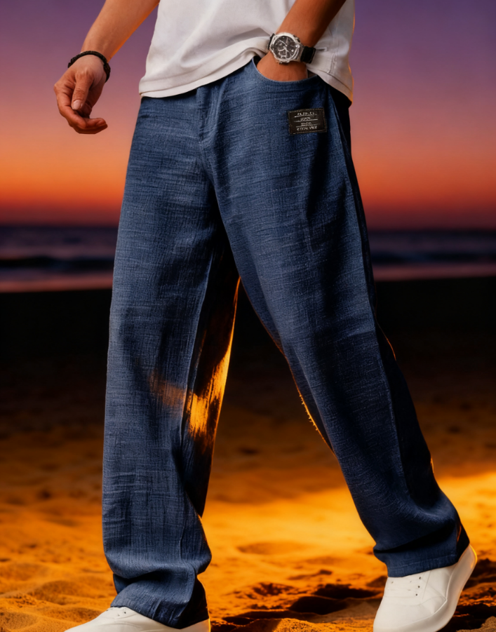 New men's casual cotton and linen drawstring loose pocket trousers