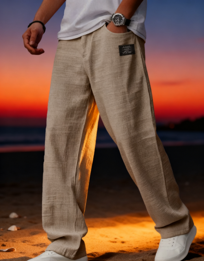 New men's casual cotton and linen drawstring loose pocket trousers