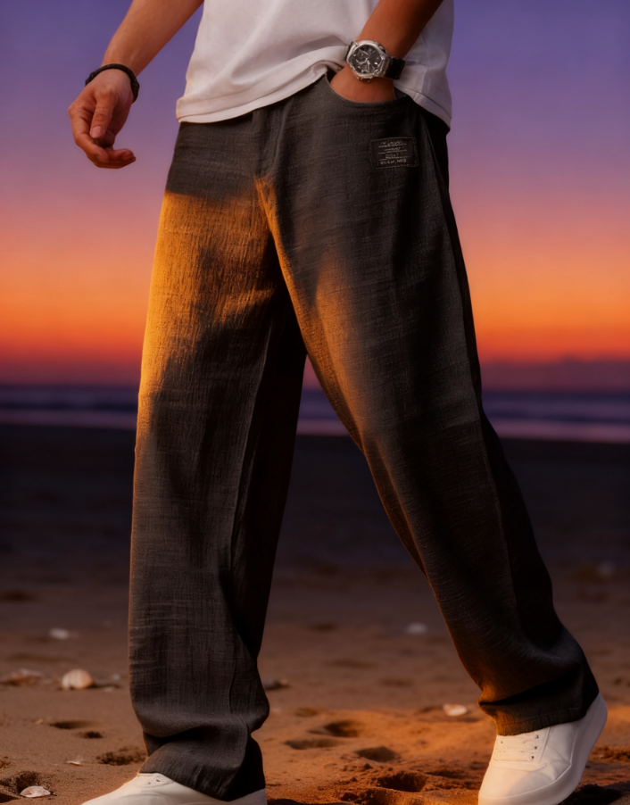 New men's casual cotton and linen drawstring loose pocket trousers