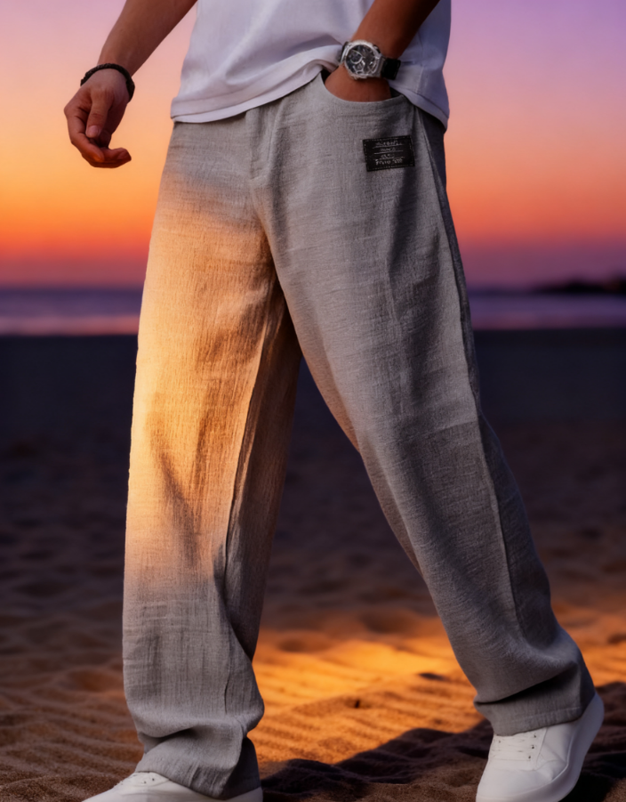 New men's casual cotton and linen drawstring loose pocket trousers