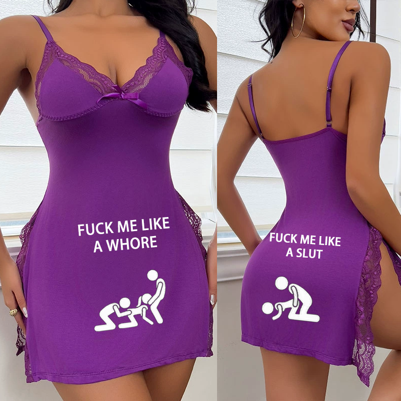 Personalized text pattern deep V split suspender skirt