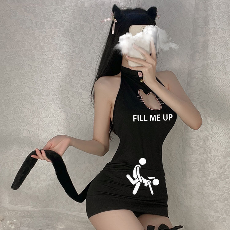 Personalized text pattern cat hollow nightdress