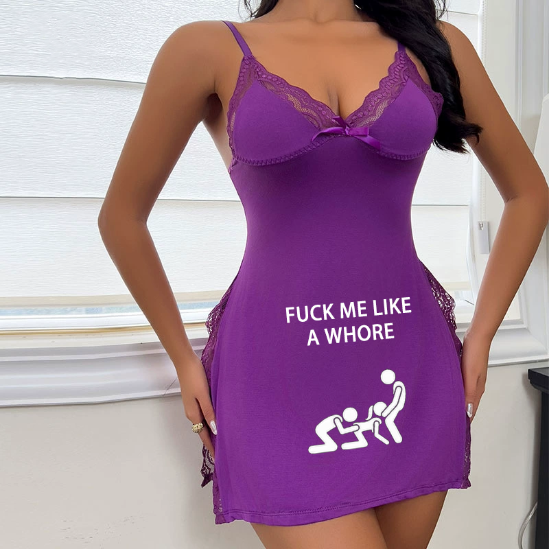 Personalized text pattern deep V split suspender skirt