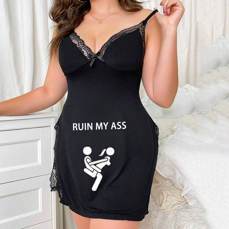 Personalized text pattern deep V split suspender skirt