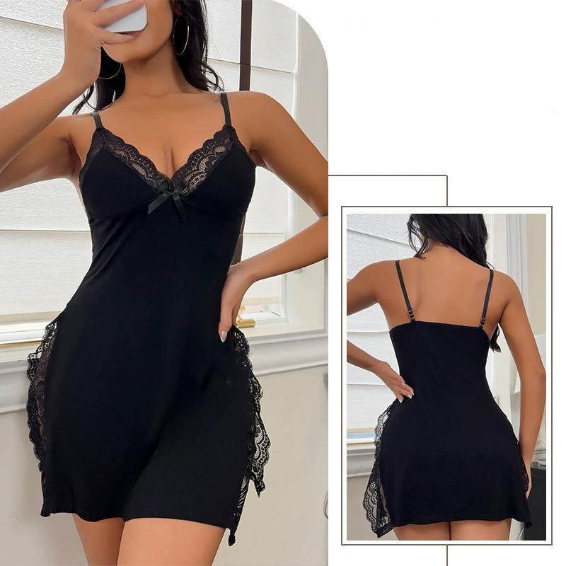 Personalized text pattern deep V split suspender skirt