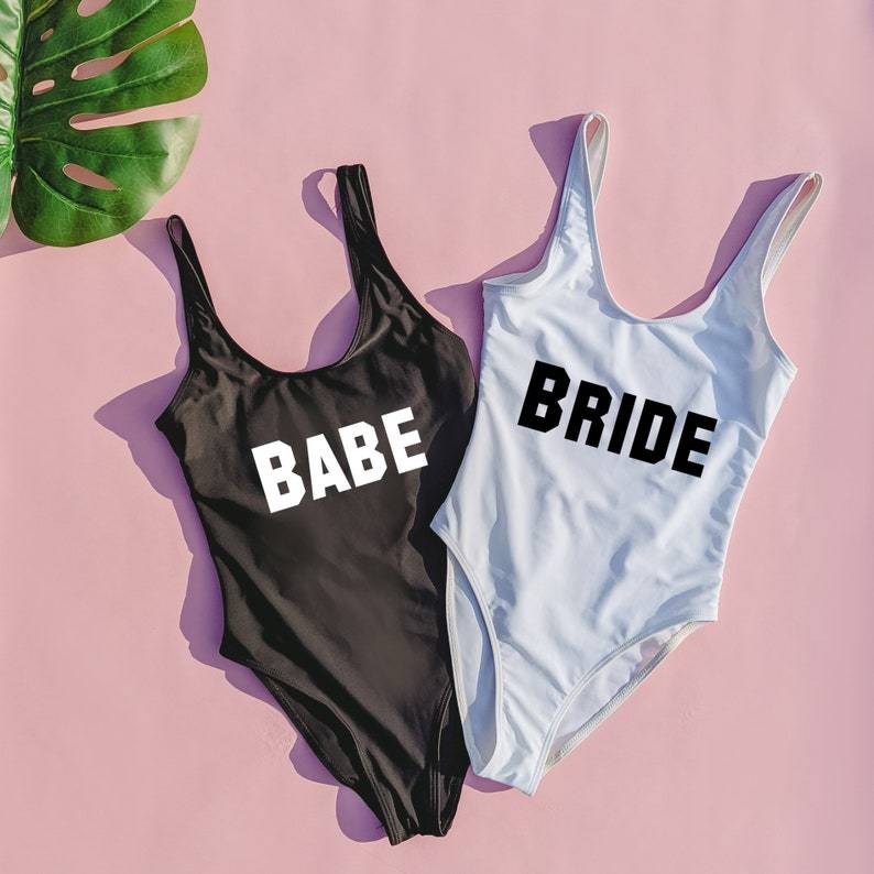 Personalized text bachelorette party swimsuit