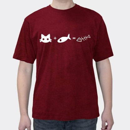 Summer New Xueba Math Creative Kitty Eating Fish = Fish Bone Cotton Men's Short Sleeve