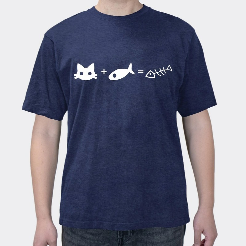 Summer New Xueba Math Creative Kitty Eating Fish = Fish Bone Cotton Men's Short Sleeve