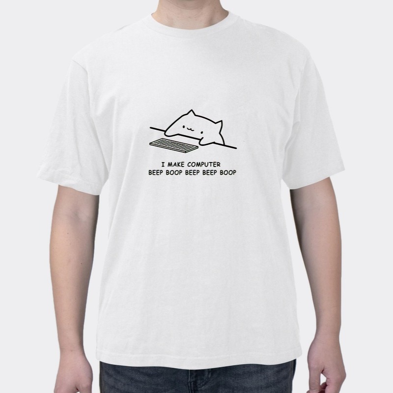 Fun IT Cat Print Short Sleeve Geek Playing Computer Games Programmer Cotton Clothes Lazy Men's T-Shirt